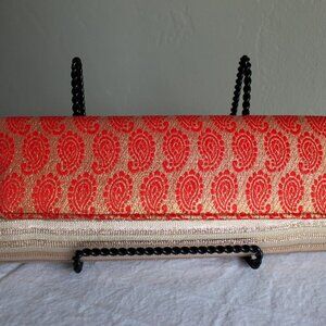 NWT Red and Gold Striped Fabric Clutch with Magnetic Closure